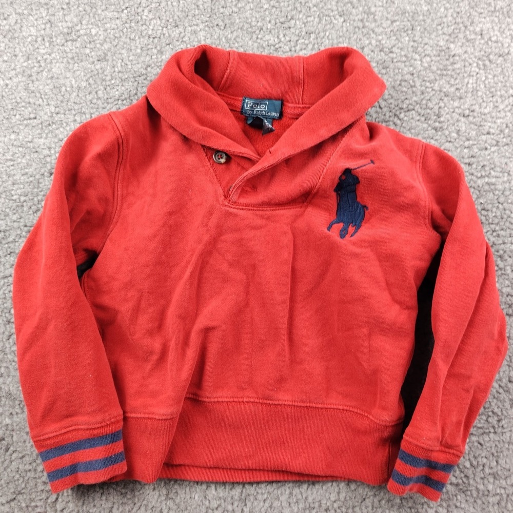 VTG Polo Ralph Lauren Shawl Collar Sweatshirt Red Big Pony Boys Size 5